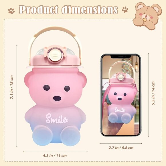 Cute Bear Water Bottle: 32oz Kawaii Kids Water Bottles with Strap and Straw - Le - Picture 3 of 7